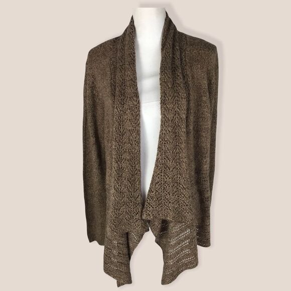 Karen Scott Open Front Waterfall Cardigan Sz L Taupe - Picture 1 of 7